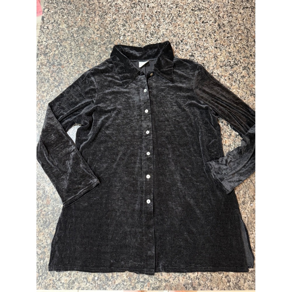 Jaclyn Smith Classics Black Velvet Button Down Long Sleeve Shirt Tunic Top